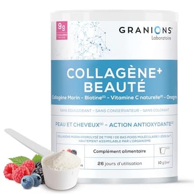 GRANIONS COLLAGENE MARIN + BEAUTE - Collagene et Acide Hyaluronique, Biotine Cheveux, Vitamine C - Beauté Peau - Complement Alimentaire Cheveux -Haute assimilation, Collagene Fruits Rouges Poudre 260g