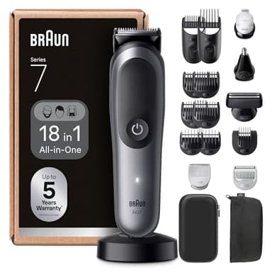 Braun Tondeuse Electrique Tout-En-Un Pour Hommes Series 7 AIO7585, Gris, Kit 18-En-1 Avec Lame ProBlade Et 8 Sabots, Coffret De Rasage Avec Accessoires, Conçue Pour Raser Barbe, Cheveux Et Corps