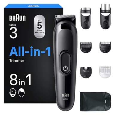 Braun Kit De Rasage Tout-En-Un Series 3 Avec Tondeuse Electrique Pour Hommes, 8-En-1 AIO3545, Noire, 14 Longueurs A Barbe, Coffret Avec 6 Sabots et Brosse De Nettoyage, Rasage Du Visage et Des Cheveux