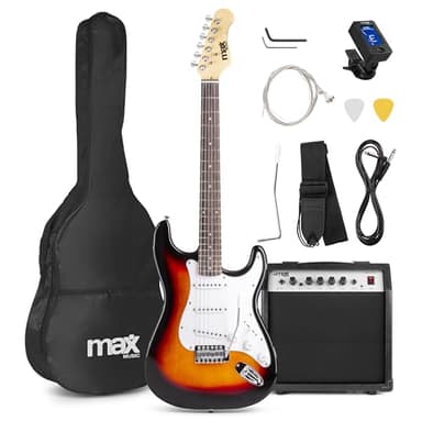 MAX Pack Guitare Électrique GigKit avec Amplificateur 40 Watts - Sunburst, Livré avec de Nombreux Accessoires, une Housse, des Médiators et un Accordeur Numérique, Idéal pour les Débutants