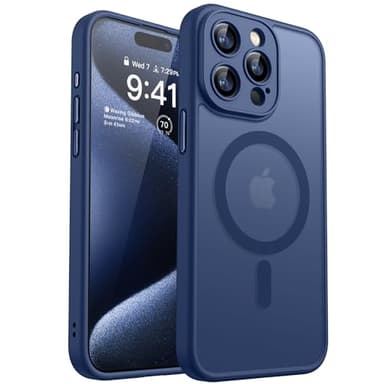 CANSHN Coque Magnétique pour iPhone 15 Pro Max 6,7 Pouces, Compatible avec MagSafe, [Protection Complète de l'appareil Photo] Fond Mat Translucide, Bleu Foncé