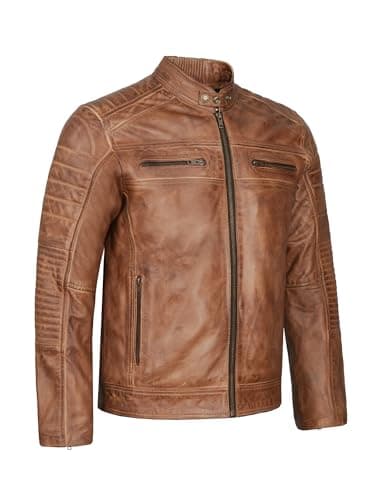 Leatherick Veste de motard en cuir véritable pour homme au look vieilli Marron clair (FR/ES, Alpha/lettres, M, Taille normale, Taille normale)