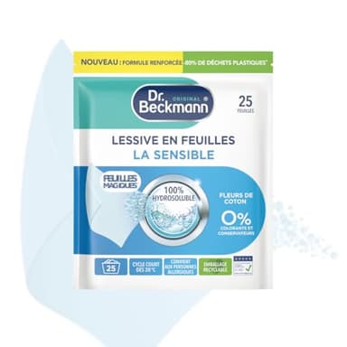 Dr. Beckmann - Lessive en feuilles La Sensible - Feuilles Magiques - Désinfectant Linge Format Pré-Dosé, Pratique et Léger - 100% Hydrosoluble - Produit Ménager Maison Facile à Utiliser - 25 Feuilles