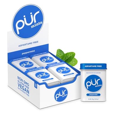 PUR Pastilles à la menthe- Sans aspartame - À base de xylitol - Sans sucre, végétaliennes, sans gluten et adaptées au régime cétogène - Pastilles à la menthe poivrée naturelle, 30 pièces paquet de 12