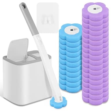 Brosse de toilette jetable, brosse WC jetable avec 30 recharges nettoyantes, éponge, têtes de rechange pour tige de toilette, avec support pour lavabo, baignoire (gris)