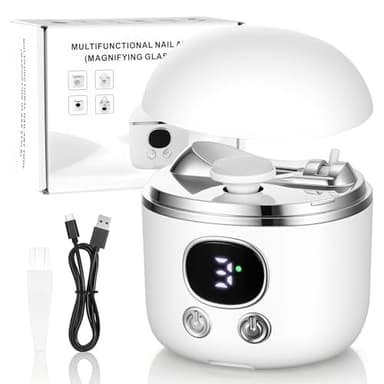 Coupe Ongle Électrique, Coupe-ongles automatique avec loupe à lumière LED, Coupe et Polissage automatiques + Rangement pour les résidus d'ongles, 3 Vitesse + écran numérique (Blanc) ﻿