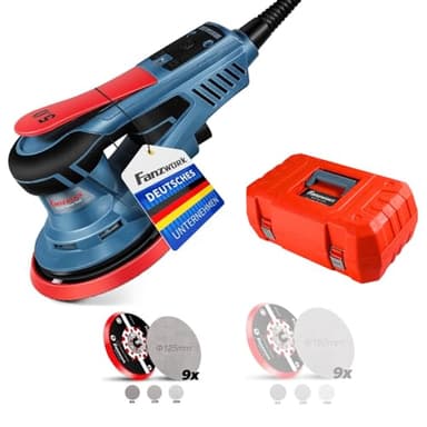 FANZWORK Ponceuse Excentrique, Ponceuse Orbitale avec Course 5 mm, Plateaux 125/150 mm, Moteur EC 350W sans Balais, 7 Vitesses jusqu’à 10 000 tr/min, 18 Disques Abrasifs, avec Mallette