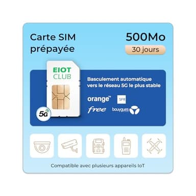 EIOTCLUB Carte SIM Prépayée pour Caméra de Surveillance, Caméra de Chasse, WiFi Router, 5G/4G LTE, Compatible avec Les réseaux Bouygues, Orange, Digicel et Free Mobile, Carte SIM Uniquement données