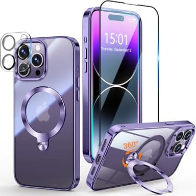 Yoouther 3 en 1 Coque pour iPhone 14 Pro Max 6.7" [Coque Magnétique Puissant pour MagSafe] [360° CD Support Rolatif] [avec Protection Caméra & Écran] Coque Antichoc Électroplaquée, Violet