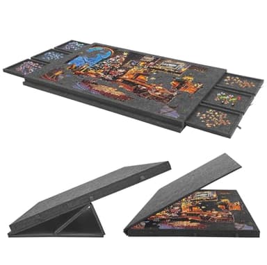 STYPLZ Planche à puzzle pliable en feutre antidérapant de 1500 pièces, 6 tiroirs de tri avec poignées, angle réglable, légère et portable, table de puzzle pliable en feutre