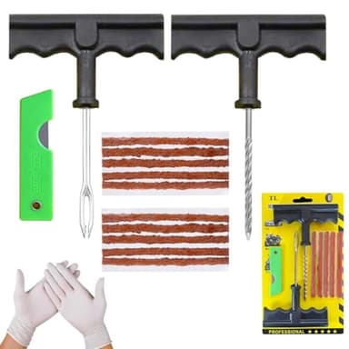 NOOGUI - Meche Pneu Crevaison - Kit Reparation Pneu Voiture - Répare en 15 Minutes - Inclut 10 Mèches,1 Outil T spiralé,1 Insert d'outil en T,2 Gants et 1 Cutter - Kit Anti Crevaison Voiture