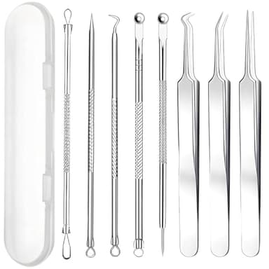 8 Pièces Extracteur Point Noir Professionnel, Tire Comedon Point Noir avec Pince et Perce Bouton - Tire Comedon Professionnel Blackhead Remover en Acier Inoxydabl