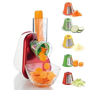 Moulinex Fresh Express Découpe-légumes 5-en-1, Tranche, Emince, Râpe, Large tube d'alimentation, Cône avec code couleur, Fabriqué en France DJ755G10, Rouge, Blanc