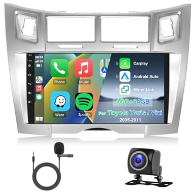 Hodozzy 4G+64G Android Autoradio pour Toyota Yaris/Vizi 2005-2011 8 Core Écran Tactile 9 Pouces GPS Carplay sans Fil Android Auto Radio 2 Din Lien Mirror Bluetooth DSP WiFi FM RDS Radio + Caméra