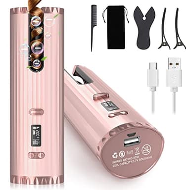 Fer à Friser Automatique, Boucleur a Cheveux Portables, Fer à Boucler Sans Fil Bigoudi Anti-Brûlures, 6 Minuterie/Température, USB Rechargeable, Affichage de LCD, pour Cheveux Longs/Courts Styler
