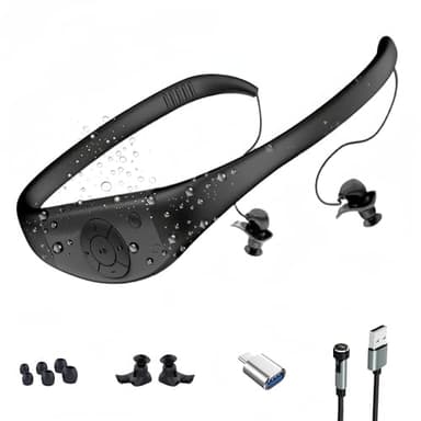 Tayogo Ecouteur Natation, Lecteur MP3, Memoire 8GB, Etanche IPX8, Charge Magnétique et Autonomie 20 Heures, Mode MP3/FM, pour la Natation (Piscine) et Sport (ferreux)