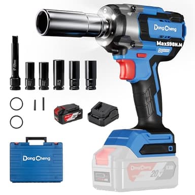 Clé à chocs sans fil Dong Cheng 18V sans balais, 598 Nm, 1/2 pouce, 4 vitesses & mode intelligent, avec 5 douilles de choc, un prolongateur, une batterie 4000 mAh et un coffret de rangement