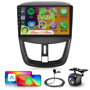 【8 Cœur 4+64G】 Hodozzy Carplay Dab+/Dab Autoradio pour Peugeot 207 2005-2015, 9 Pouces Ecran Tactile Android Autoradio avec Android Auto/WiFi/GPS/RDS/HiFi/Bluetooth/USB+Camera de Recul