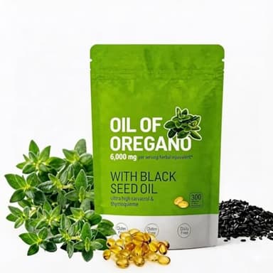 Gélules d'Huile d'Origan et Nigelle - Extrait d'Origan (Équivalent à 6000 mg) avec Huile de Graines Noires (200 mg) - Sans OGM ni Gluten - 300 Capsules Molles