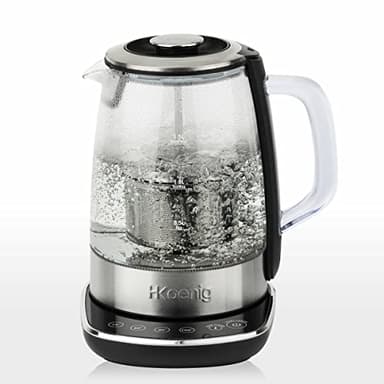 H.Koenig Théière Bouilloire Instant T électrique en Verre 1.5L TI600 avec Infuseur filtre à Thé Inox 2200W Compacte, Ebullition rapide, Thermostat Réglable 70° à 100°C, Maintien au chaud, 2couvercles