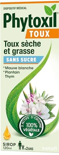 PHYTOXIL TOUX SANS SUCRE - Dispositif médical - Sirop 120ml - Soulage la toux sèche et toux grasse - Protège la gorge des irritations - Thym - Mauve blanche - Plantain - A partir de 2 ans