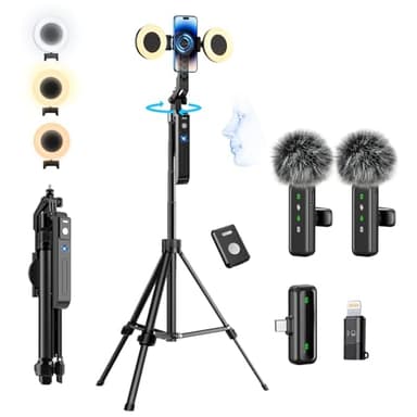 yAyusi Vlogging Kit pour iPhone/Andriod, Kit Youtuber Complet avec Automatique Trépied Smartphone de Suivi du Visage Rotation à 360°, Microphone, Lumières de Remplissage, Télécommande