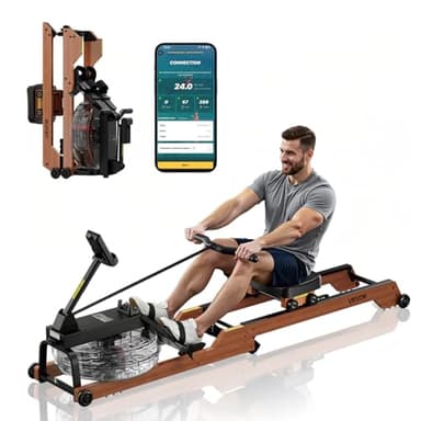 VEVOR Rameur à Eau avec Résistance Silencieuse à 6 Niveaux, Ergomètre Pliable en Bois avec Réservoir d'eau de 14 L et Écran LCD, Capacité de Charge 158 kg, Compatible avec Application Bluetooth
