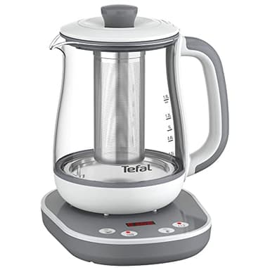 Tefal BJ551B10 Tastea machine à thé, 8 réglages de température, Capacité de 1,5 L, Panier à thé amovible en acier inoxydable, Maintien au chaud, Corps en verre résistant, Gris/Blanc