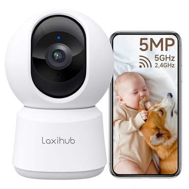 LAXIHUB 3K/5MP Caméra Surveillance WiFi Intérieur, 2,4GHz/5GHz Caméras WiFi avec Vision Nocturne, 355° PTZ Caméra Maison, Suivi Automatique, Audio Bidirectionnel, Compatible Google Assistant et Alexa