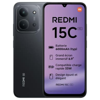 Xiaomi REDMI 15C 5G, Smartphone 4+256 Go, Écran 6,9" 120 Hz, Processeur MediaTek Dimensity 6300 6 nm Octa-Core, Double caméra 50 MP avec IA, 6 000mAh, Noir, Chargeur Non Inclus