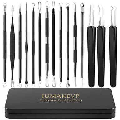 Extracteur Point Noir, IUMAKEVP 15 Pièces Tire Comédons Pince Professionnels en Acier Inoxydable pour Enlever Boutons, Acnés, Boutons sur le Visage - Blackhead Remover Outil avec Étui en Métal (Noir)