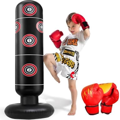 FOYOCER Sac de Boxe Enfant avec Gants de Boxe 160cm Gonflable Sac de Frappe pour Enfants 3-12 Ans Jouet d'exercice Amusant et Sûr pour Maison pour Garçons et Filles sans BPA
