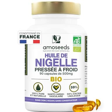 Huile de Nigelle BIO | 1 500mg d’Huile de Cumin Noir pure | Première pression à froid | 59% acide linoléique | 90 capsules végétales, vegan | Conditionné en France | Qualité Supérieure