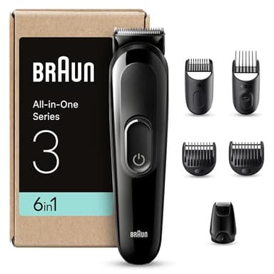 Braun Tondeuse Electrique Tout-En-Un Pour Hommes Series 3 MGK3420, Coffret 6-En-1, Kit Pour Barbe, Cheveux Et Plus, Avec Mini Rasoir, Sabots Fixes Et Coulissants, Rasage Avec Lames Ultra Affutées