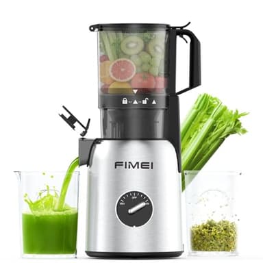 FIMEI Extracteur de Jus, Extracteur de Jus de Fruits et Légumes Entiers avec Grande Ouverture de 135mm Slow Juicer, Rendement Élevé, Facile à Nettoyer, Sans BPA, avec 2 Verres, Base en inox