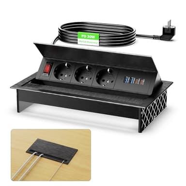 Multiprise Encastrable 2 USB C PD 30W, Aluminium Prise Encastrable Plan de Travail avec Interrupteur, Bloc Prise Escamotable pour Cuisines Bureaux Salle de Réunion, 1.8M Câble, Noir