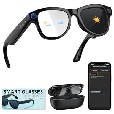 QDOJC Lunettes Connectées avec Boîtier de Recharge, 8MP Lunette Camera 4K HD Lunette Traductrice Lunettes IA Lunette Intelligente avec Verres Photochromiques, Musique Bluetooth, Stant Vocal et Vidéo