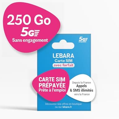 Lebara – Carte SIM prépayée avec Forfait Mobile valable 30 Jours – 250 Go Internet 4G+/5G sur Le réseau SFR – Appels & SMS illimités en France – Activation Via Compte Lebara