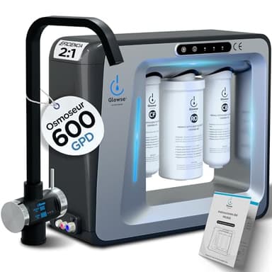 Glowse PR600 Osmoseur Inverse 7 Étapes Compact Sans Réservoir avec Robinet Digital TDS Filtration Haute Précision Eau Pure Écologique pour Cuisine Maison Installation Facile