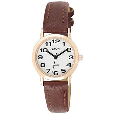 Ravel - Montre Bracelet Femme Facile à Lire avec de Gros Chiffres - Cadran Blanc/Ton Rose Or/Marron