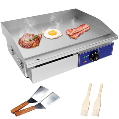 TAIMIKO Plancha Électrique Professionnelle 55 * 35.5cm Plaque de Cuisson Lisse 2 Zones De Cuisson 3000W Commerciale Plancha BBQ Acier INOX Grill posable avec thermostat et bac à jus amovible (Lisse)