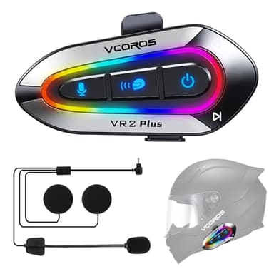 VCOROS Intercom Moto VR2 Plus,Système de Communication Bluetooth pour 2 Personne À Moins de 500m,IP56,Mode d'éclairage RGB,Kit Main Libre Moto,Soutien Contrôle Vocal Contrôle Musical (1Pack Hard Mic)