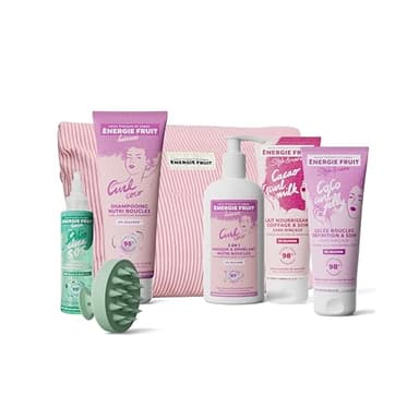 ENERGIE FRUIT – Coffret Cadeaux Curl Detox Cheveux Bouclés – 6 produits + Trousse Offerte – Shampoing, Masque, Sérum Cuir Chevelu, Gelée Définition, Lait Coiffant Nourrissant et Brosse Moussante