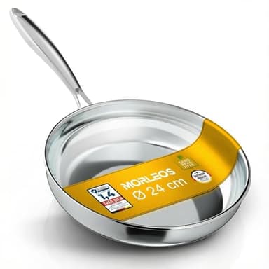 Morleos Poêle en acier inoxydable 18/10 Ø 24cm | 5 couches - 3mm - 1 kg | Résistant au four jusqu'à 400°C | Poêle en acier inoxydable pour induction et Lavable au lave-vaisselle