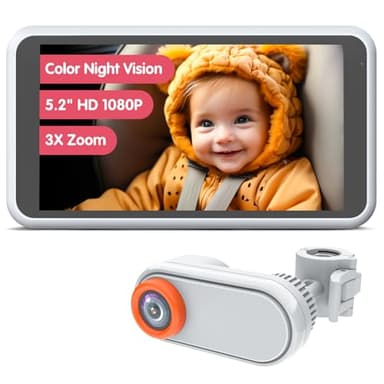 LUCKVIEW Caméra de voiture pour bébé, écran 1080p de 5,2 pouces avec zoom x3 pour surveiller votre bébé, vision nocturne infrarouge pour siège arrière, rotation à 360°, facile à installer pour la