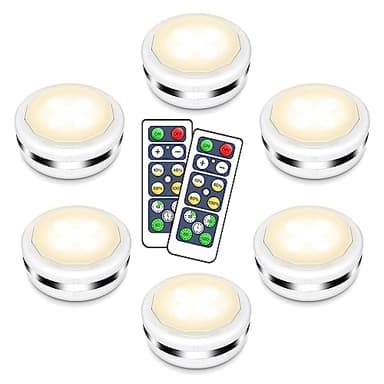 Cadrim 6 Pcs Lampe de Placard, Puck Light Veilleuse Lampe LED à Led Sans Fils Lampe a Pile Luminosité Réglable Pour Cuisine, Chambre, Couloir Alimenté par Batterie (non inclus) avec 2 Télécommandes
