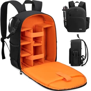 IPEB Sac à dos pour appareil photo avec support trépied - Étanche - Anti-vol - Pour appareil photo reflex numérique et reflex numérique sans miroir Nikon, Sony, Canon, noir/orange, taille unique