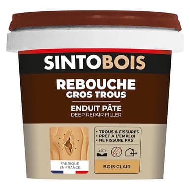 SINTO - Rebouche gros trous et fissures - Rebouche bois - Excellente adhérence - Sans Odeur - Facile et Prêt-à-l'emploi - Intérieur & Extérieur - Ne fendille pas - Teinte bois clair - 500g