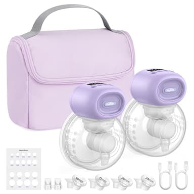 Nuliie Tire Lait Electrique Main Libre avec Sac de Rangement Portable, 4 Modes et 12 Niveaux, Tire Lait Electrique Allaitement avec Bride de 14/17/20/24/27 mm (2 Paquets, Violet)