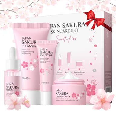 Fleur de Cerisier Ensemble Soin du Visage, Skincare Set avec Nettoyant, Sérum, Soin Nourrissant Yeux, Crème Hydratante, Coffrets de Soins Anniversaire Cadeau pour Ado Fille et Femmes (4 Pièces)
